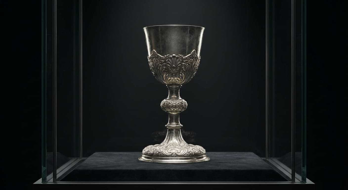 Музейная витрина с историческим металлическим изделием под мягким освещением