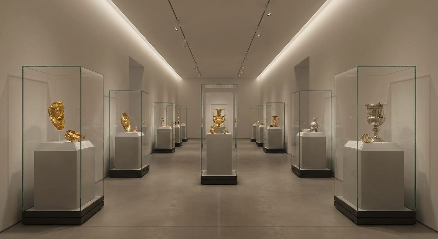 Коллекция ювелирных изделий разных исторических эпох в музейной экспозиции