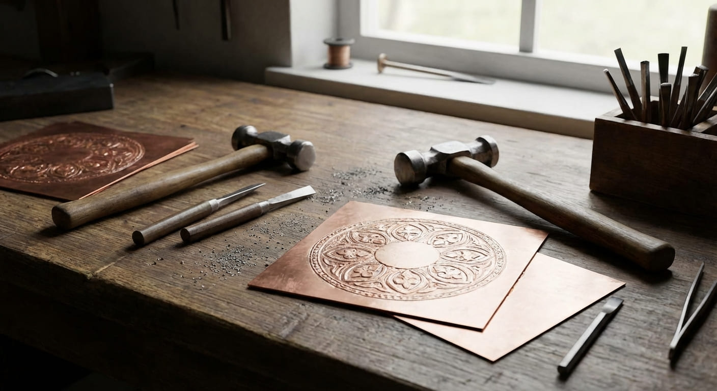 Инструменты и образцы различных техник обработки металла в мастерской