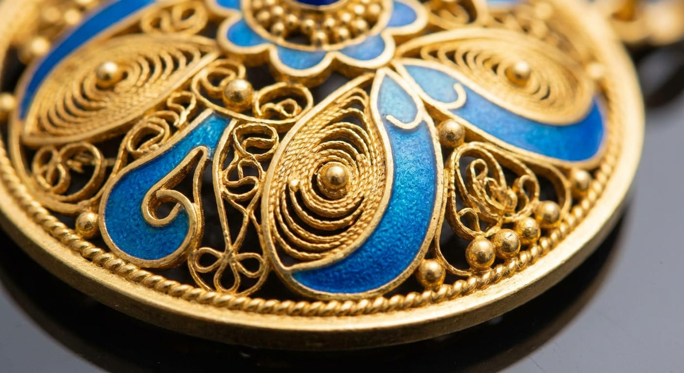 Детальное изображение филиграни, эмали и зернения на старинном ювелирном изделии