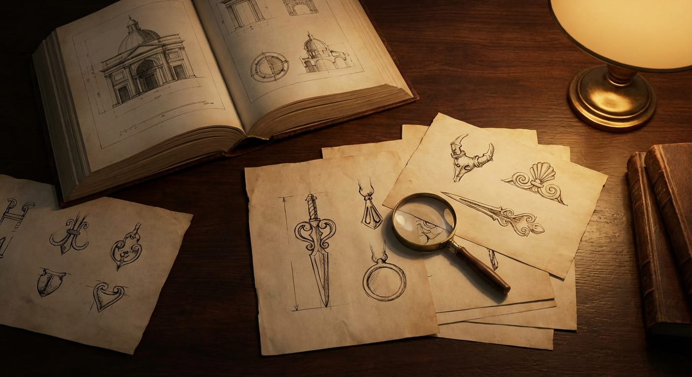 Рабочий стол исследователя с книгами по истории декоративно-прикладного искусства и архивными схемами