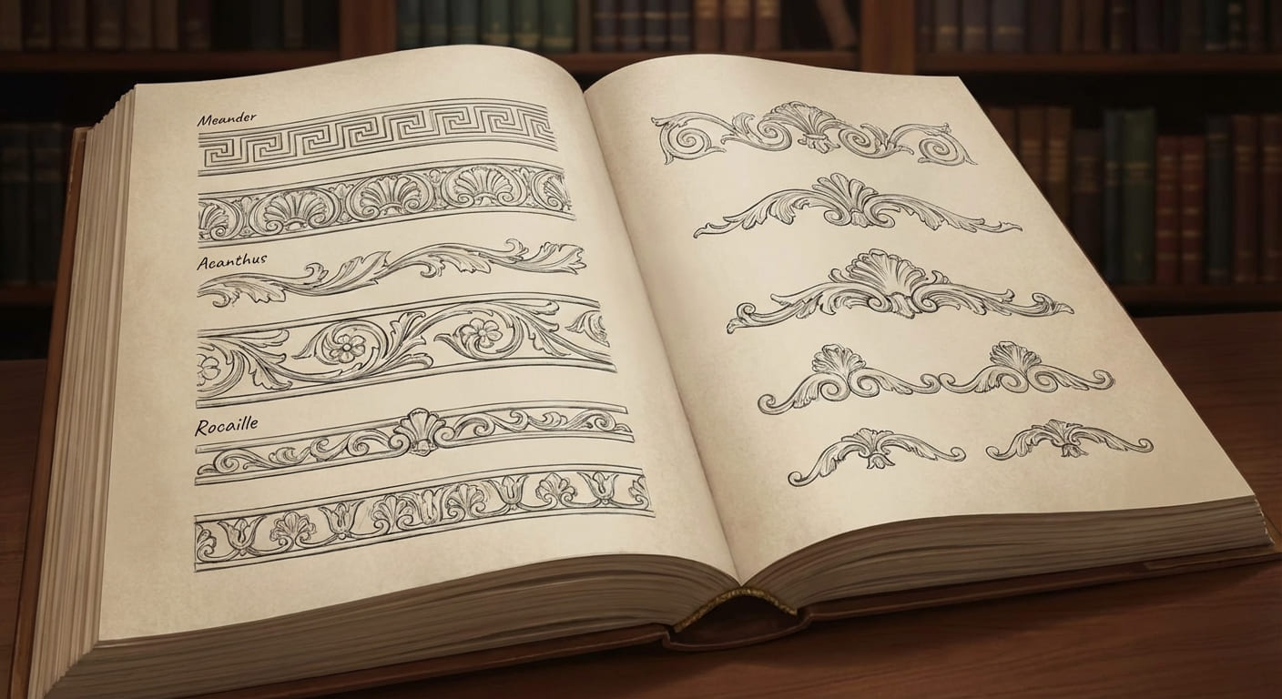 Справочная таблица с образцами орнаментов и форм различных художественных стилей