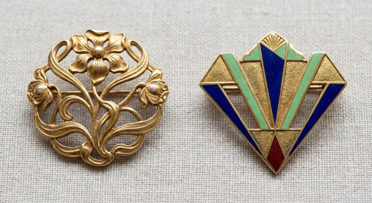 Образцы ювелирных изделий в стилях ар-нуво и ар-деко с характерными орнаментальными мотивами